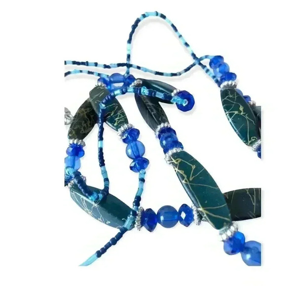 Blue Beaded Necklace Multi Strand Green Faceted 24" - Picture 3 of 8